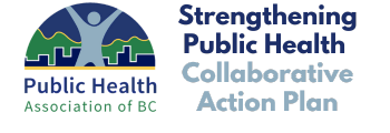 Logo of the Public Health Association of BC featuring a stylized figure with raised arms and a cityscape background, accompanied by the text 'Strengthening Public Health Collaborative Action Plan'.
